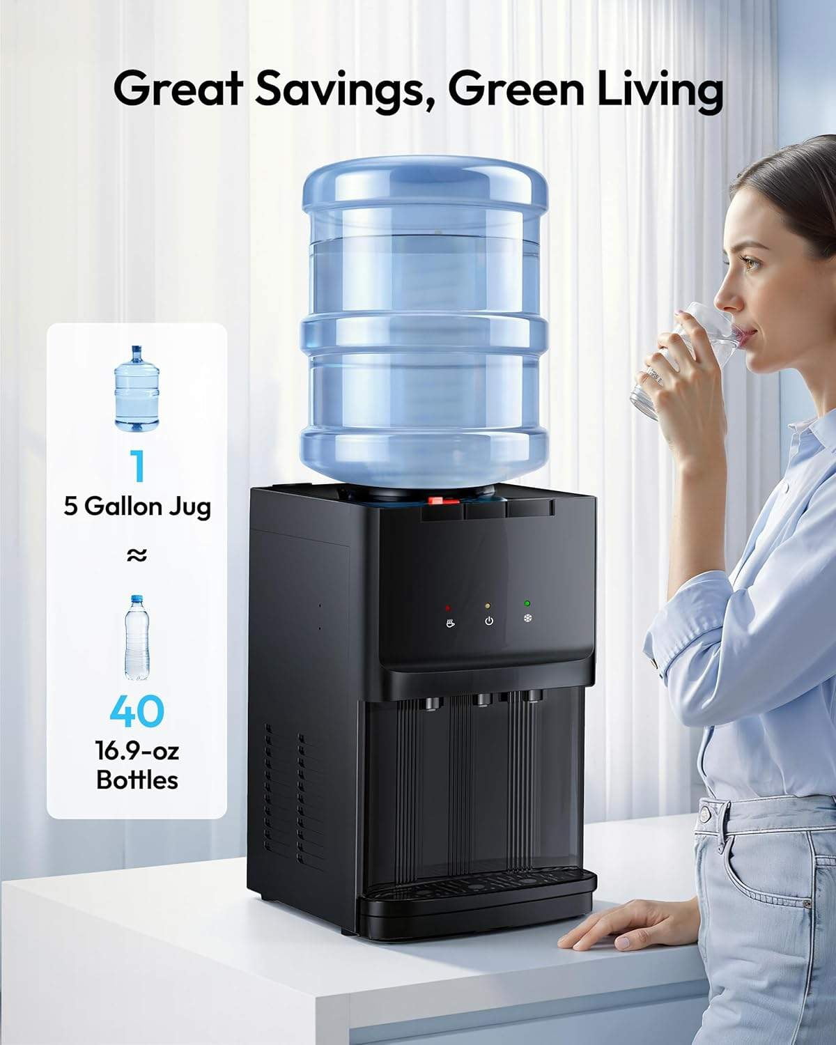 Top Load Water Dispenser for 3 or 5 Gallon Bottles, Countertop Water Cooler with Hot & Cold Settings