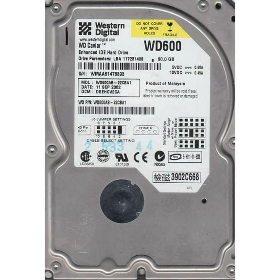 WD600AB-22CBA1, DCM DSEHCV2CA, Western Digital 60GB IDE 3.5 Hard Drive