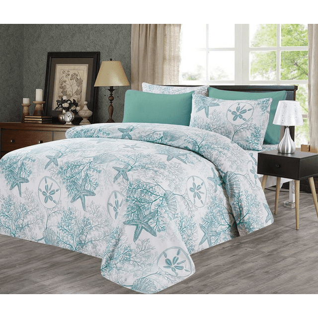 Ensemble de Draps Imprimés 6 Pcs Super Doux 1200 (Très Grand, Mer Bleue)