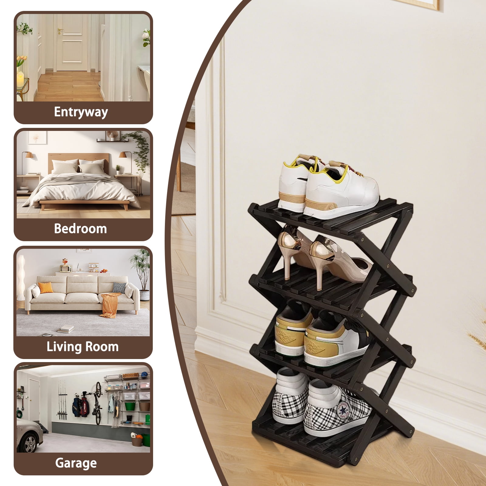 YUCHANG Foldable Shoes Rack,Bamboo Shoes Organizer for Entryway ,Free Standing Rack,4-Layers ,Black
