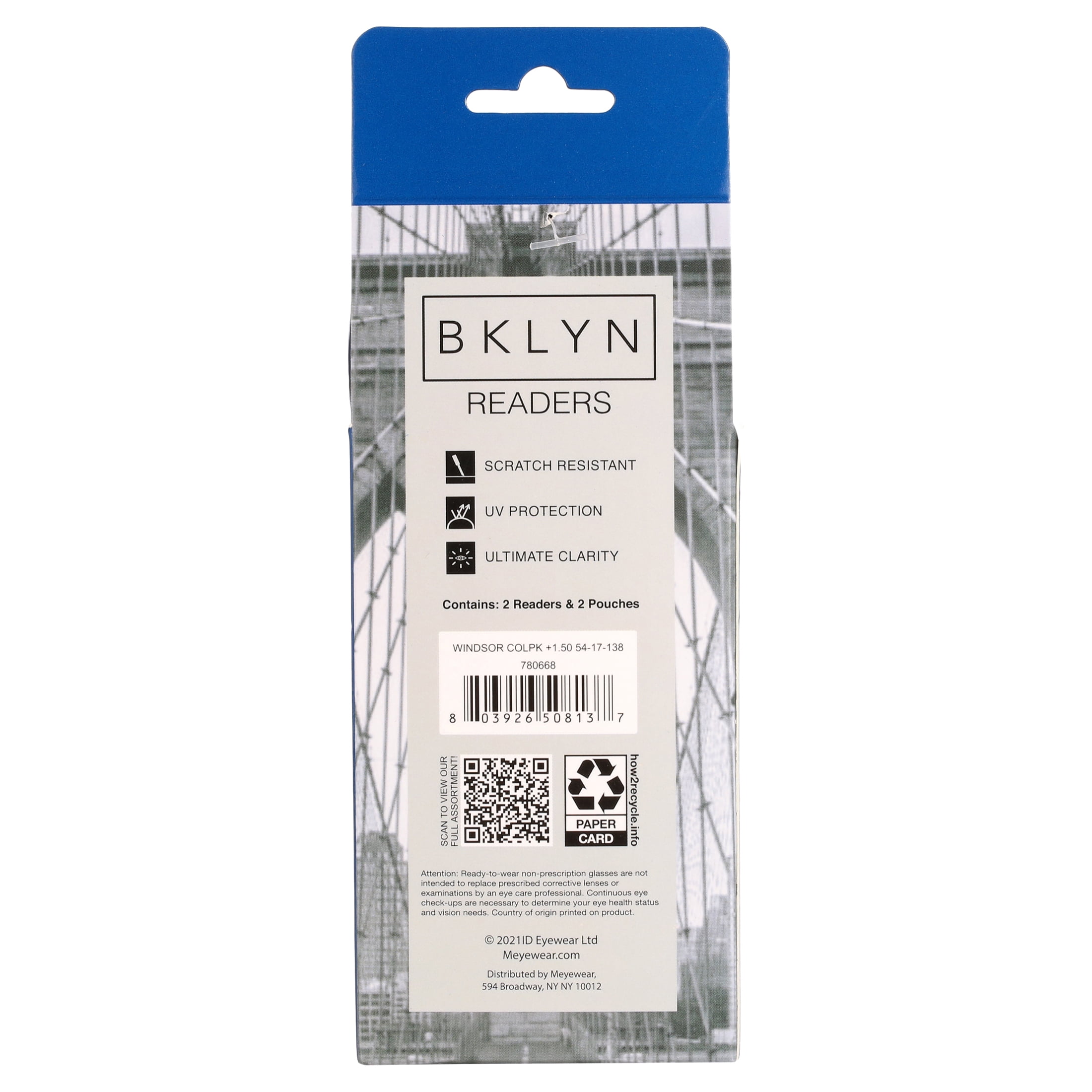 Bklyn, Windsor +1.50, Adult, Unisex, Plastic Reading Glasses & Pouches Value Pack , 2 Ea