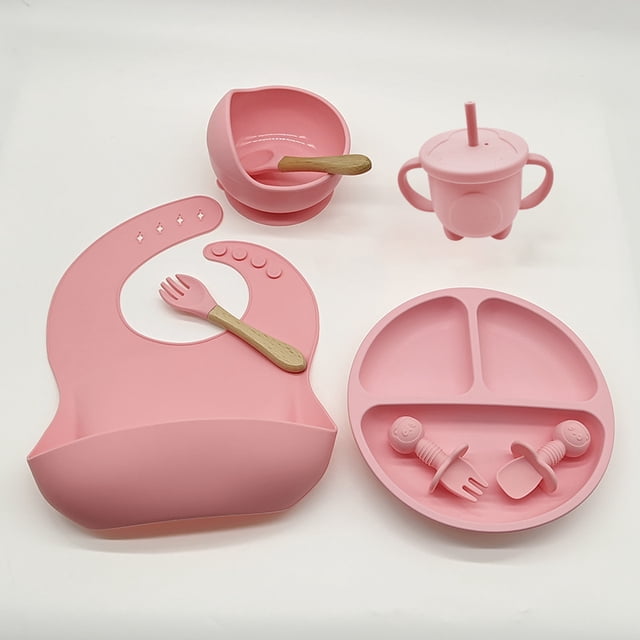Juego de vajilla para niños, alimentos complementarios para bebés, vajilla de silicona para entrenamiento de alimentación, juego de 8 piezas, Baberos de alimentación impermeables de ajuste a