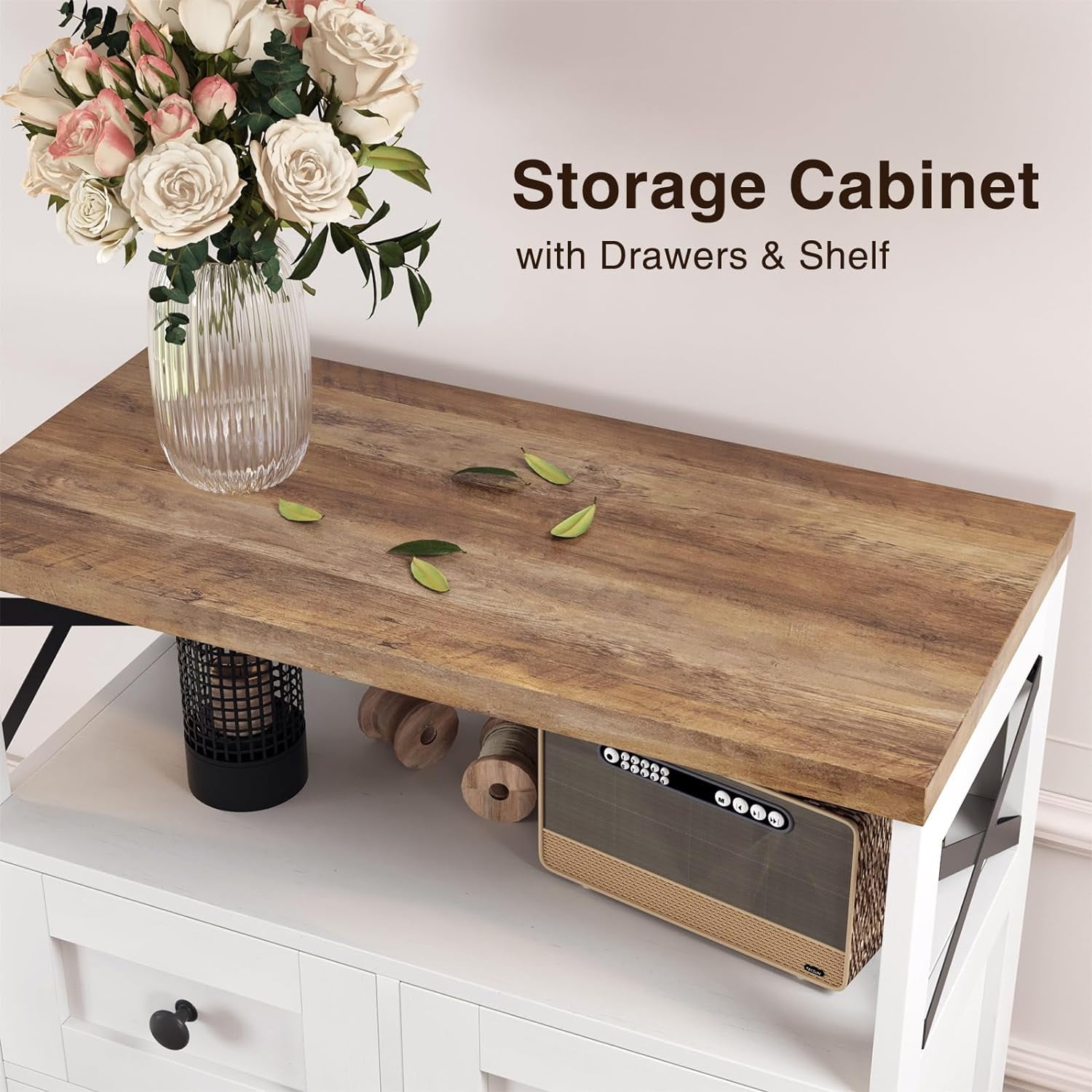 VEANERWOOD Bathroom Floor Cabinet Wooden Storage Organizer with 2 Barn Door, 2 Drawers & Adjustable Shelf, 42.7"H Floor Bathroom Storage Cabinet