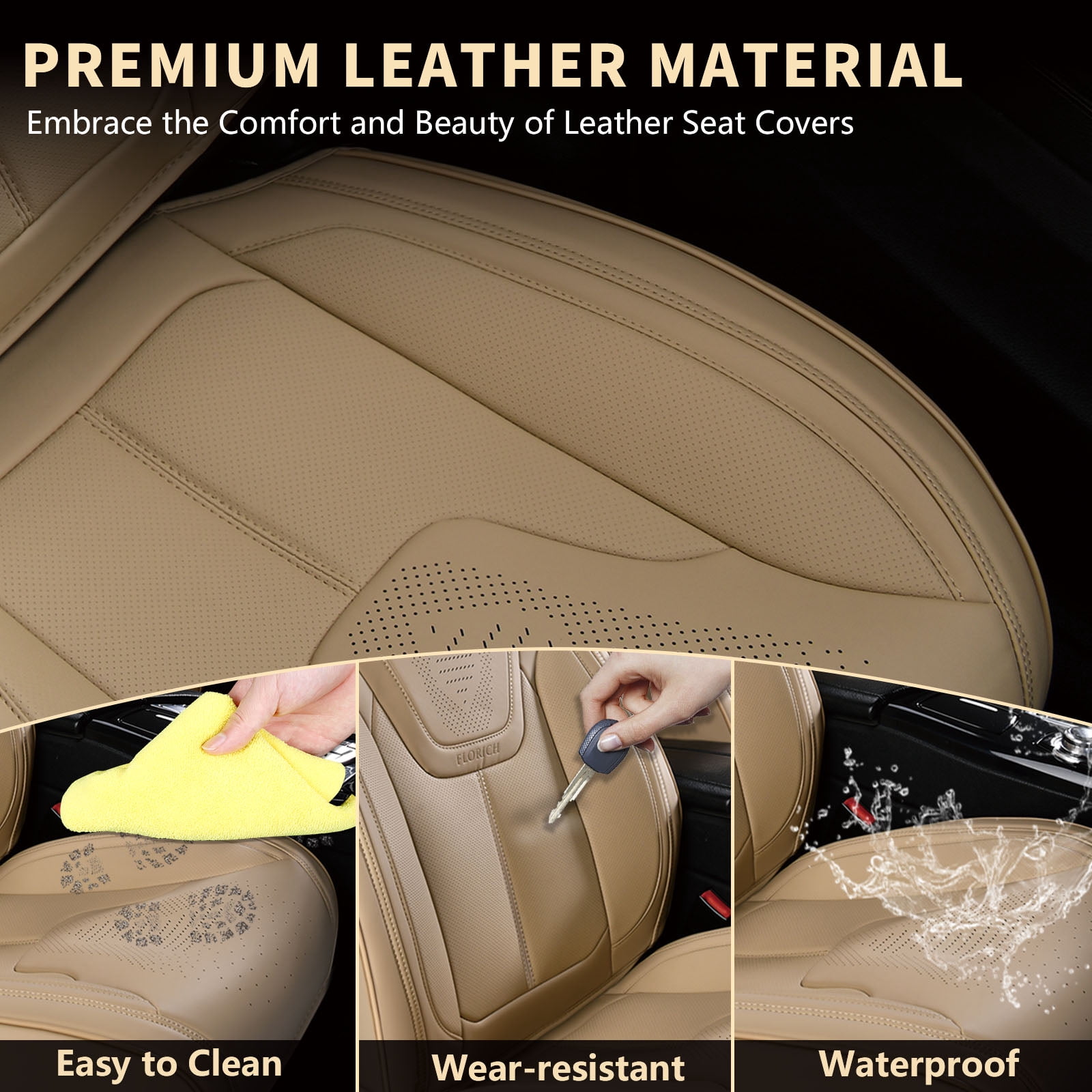 FLORICH Front Car Seat Covers, Luxury Faux Leather Seat Protectors, Automotive Seat Cushions Universal Fit for Most Cars Trucks SUV, Beige