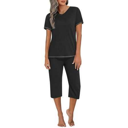Ekouaer Women s Sleepwear Capri Pajama Sets Short Sleeve Two-Piece Pjs V Neck Tops & Capri Pants with Pockets