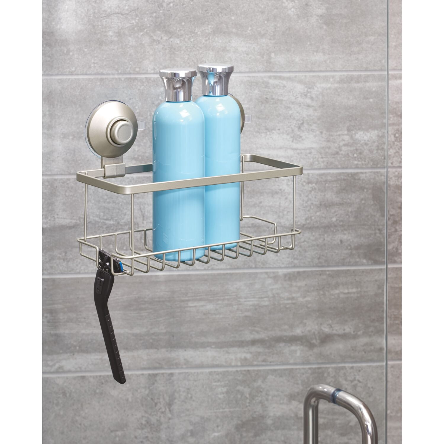 iDesign Everett Metal Push Lock Suction Shower 1-Shelf Caddy Organizer, Satin