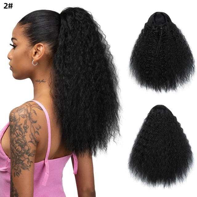 Zhuge Cola de caballo sintética con cordón y ondas rizadas de maíz de 16 pulgadas de largo, extensiones de cabello ondulado negro con peine, color negro natural