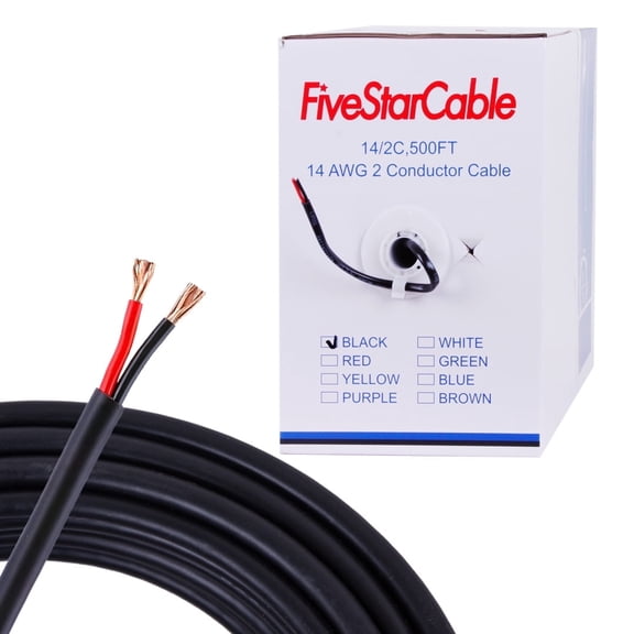 [FiveStarCable] 14/2 Electrical Wire 500ft – Black, 14 Gauge, 2-Conductor NM-B Cable for Lighting, Outlets & Switches