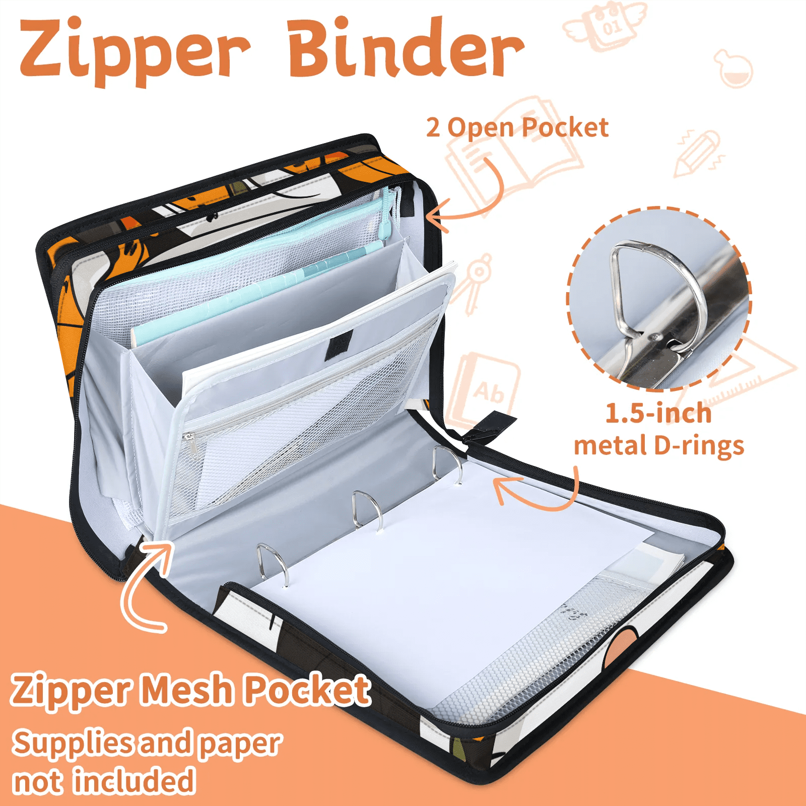 Herdesigns Halloween Pumpkin Zipper Binder 1.5 Inch 3 D-Rings with Shoulder Strap & Handle, Waterproof Cute Cat Binder Organizer Bag for 13 Inch Laptop