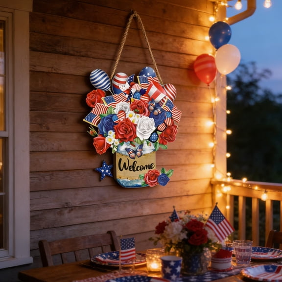 Independence Day Door Hanger, Patriotic Flower Basket Wooden Wall Decor with Welcome Sign, 4th of July USA Flag & Floral Hanging Ornament for Front Door, Porch, Garden, and Home Decoration