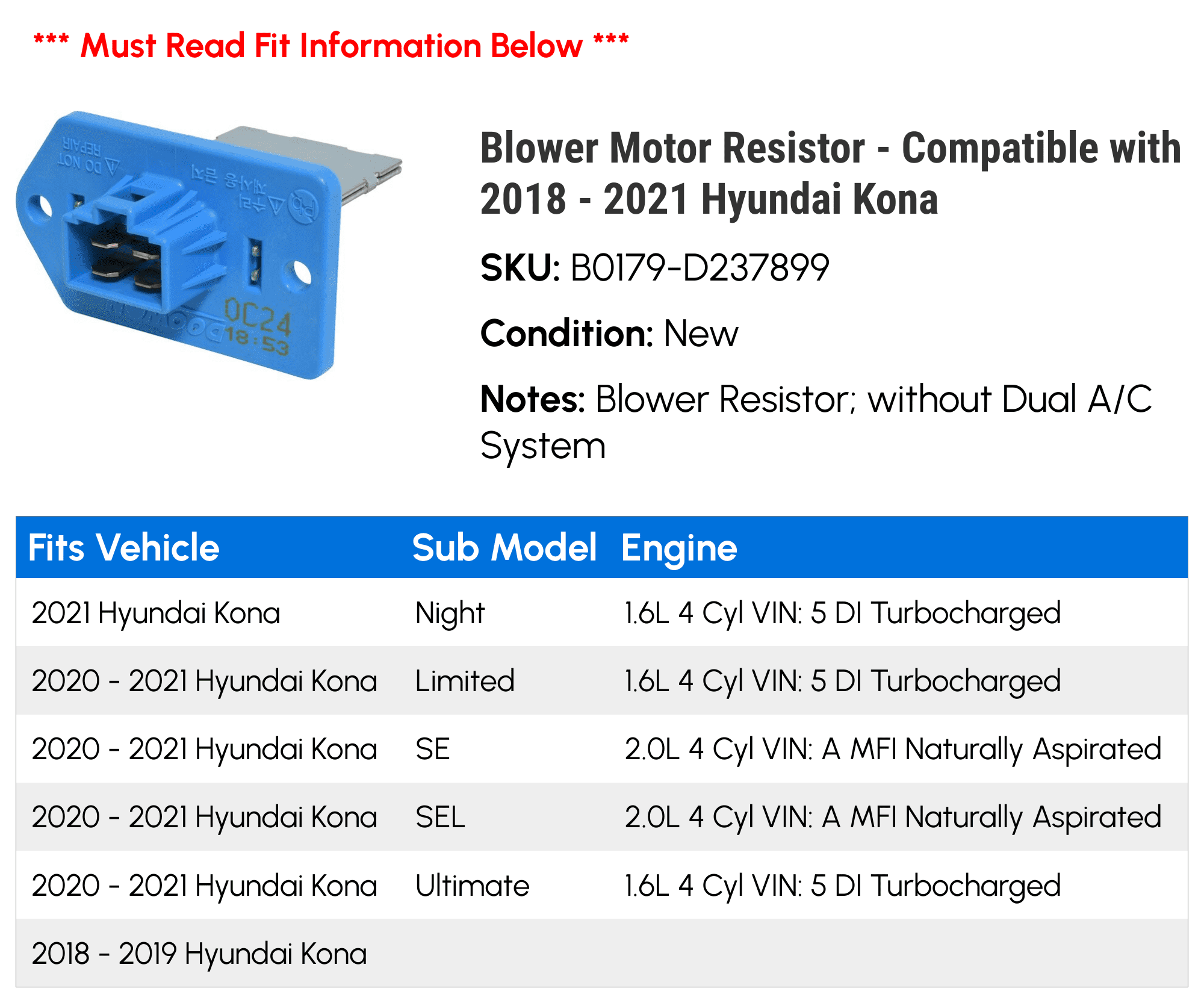 Blower Motor Resistor - Compatible with 2018 - 2021 Hyundai Kona 2019 2020