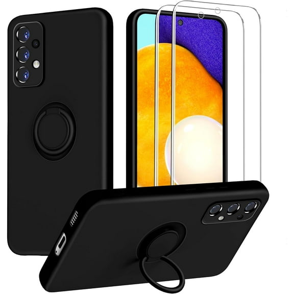 for Samsung Galaxy A52 5G Phone Case, Ring Stand [360° Rotatable Ring Holder] with 2 Screen Protector, with Full Camera Cover Protection, Silicone Slim Protective Phone Case (Black)