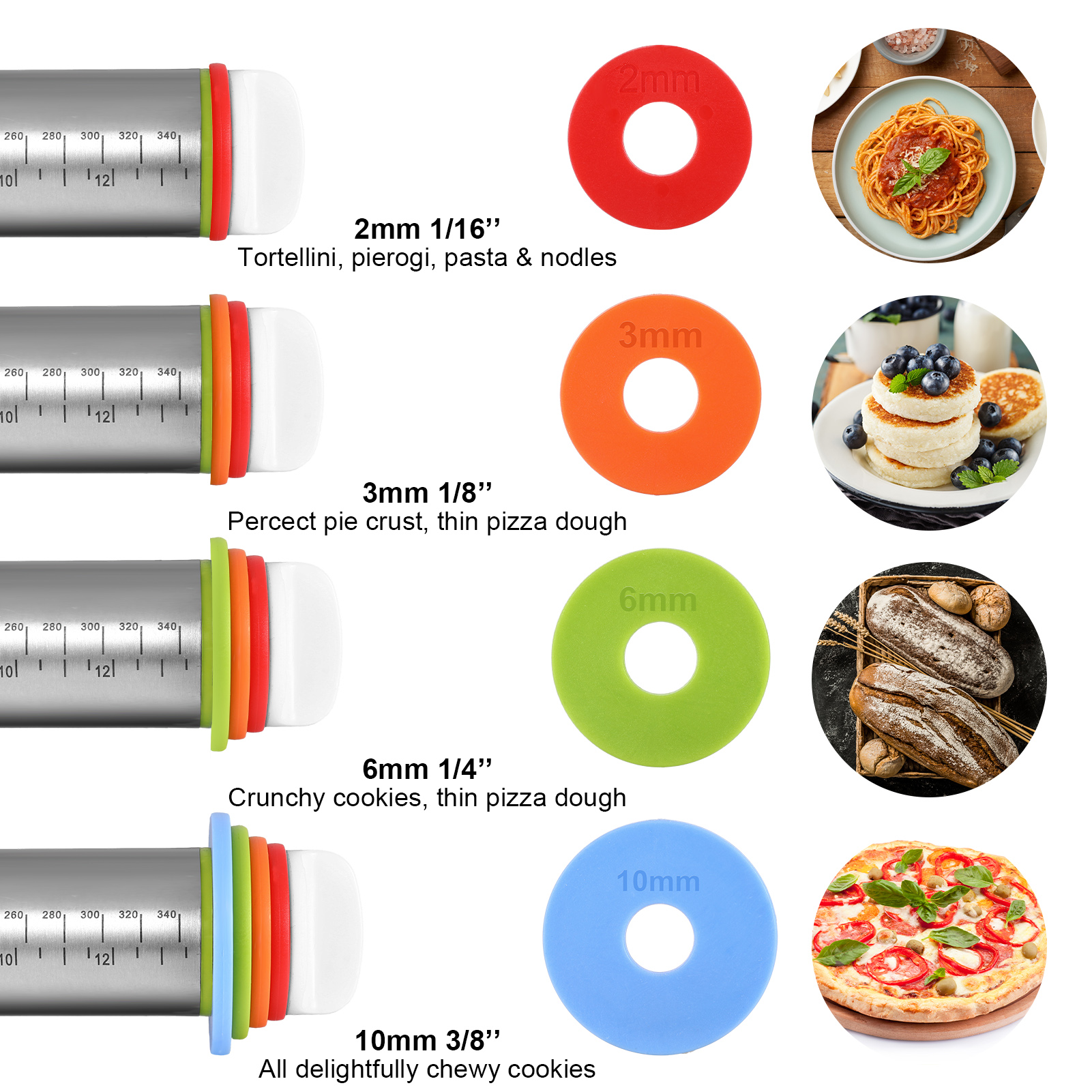 Topekada 17in Adjustable Rolling Pin with Pastry Mat Set, Non-Stick Stainless Steel Roller with Removable Thickness Rings and Baking Mat, Pastry Brush and Bench Scraper for Cooking Pizza Pie Cookies