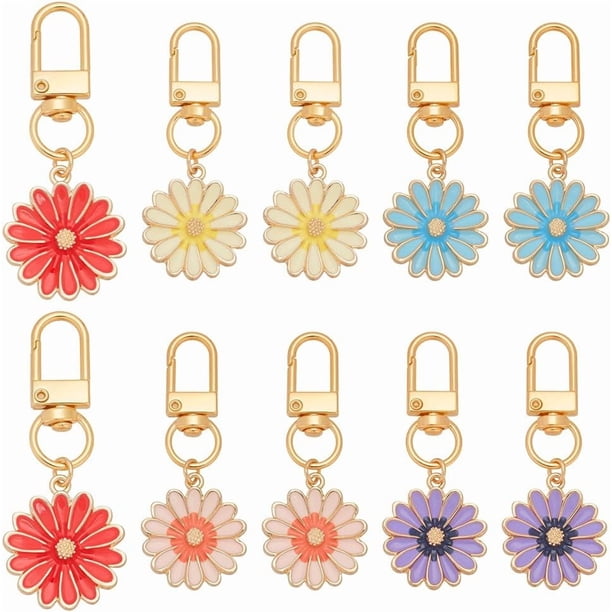 Llaveros de margaritas en 5 colores, 10 unidades, con diseño floral, bonitos llaveros esmaltados para bolsos, carteras, llaves de coche y cierres giratorios.