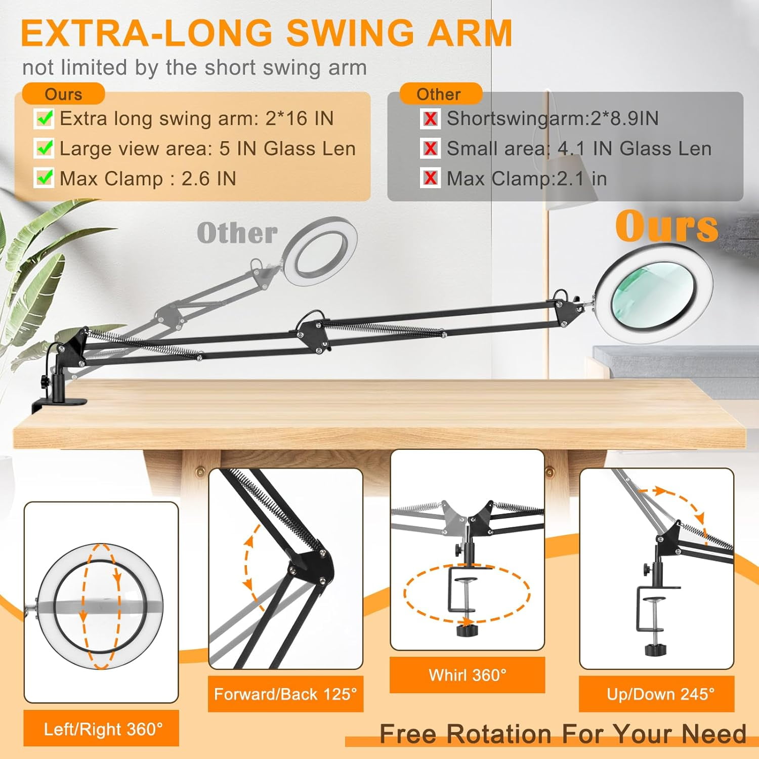 LED Magnifying Desk Lamp with Clamp, 5 Inch Real Glass Lens, 3 Color Modes Stepless Dimmable, 2-in-1 Stand & Clamp Mount, Hands Free for Close Work, Crafts & Hobby