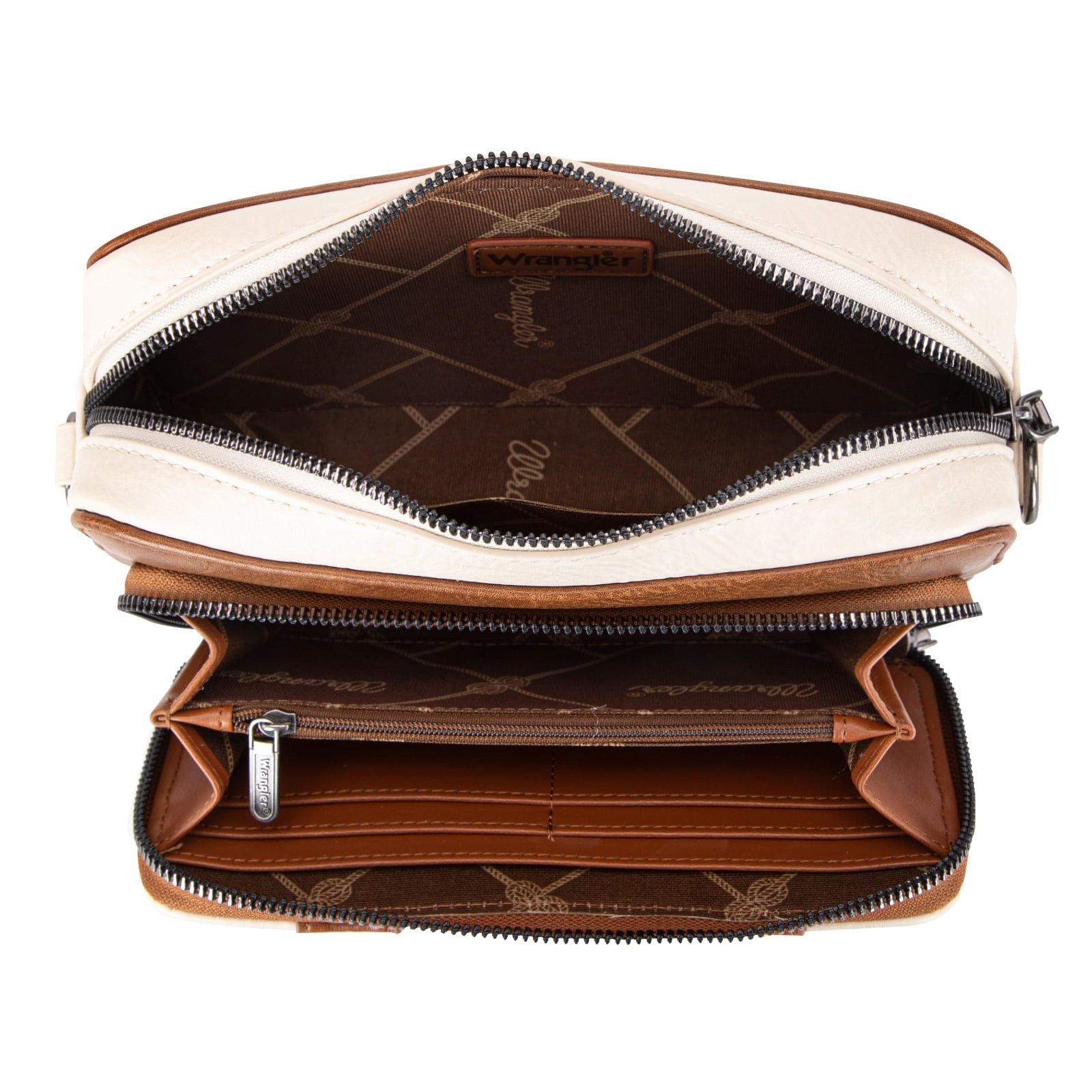 Wrangler Crossbody Bag for Women Vegan Leather Western Shoulder Purse Small Multi Pocket Crossbody Wallet Purse Crossover Bags with Adjustable Strap, Begie