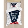 thumbnail image 1 of Funny Words Twin Size Duvet Cover Set, Grunge Pizza Slice with Retro Effect Humor Phrase about Fast Food, Decorative 2 Piece Bedding Set with 1 Pillow Sham, Dark Blue Red and Grey, by Ambesonne, 1 of 3