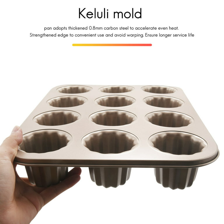 CHEFMADE Canele Mold Cake Pan, 12-Cavity Non-Stick Cannele Muffin Bakeware Cupcake Pan for Oven Baking (Champagne Gold)
