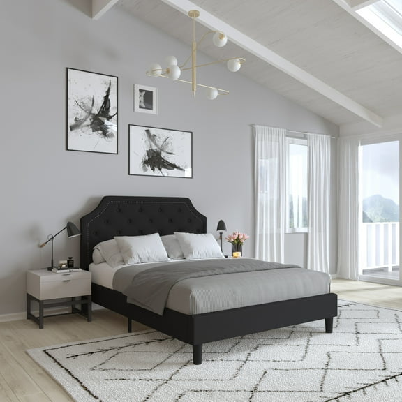 Merrick Lane Queen Size Platform Bed with Slatted Support Contemporary Black Tufted Fabric Upholstery with Gold Accent Nail Trim