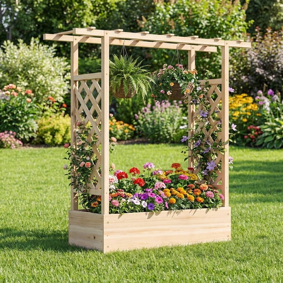 DRAZUNO Wooden Raised Garden Bed w/Trellis & Hanging Roof, Drainage Holes for Plants