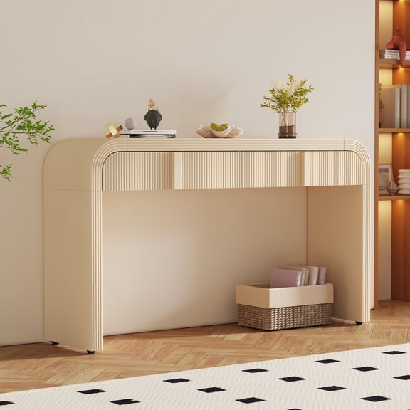 Modern Console Table with 2 Storage Drawers, 55 Inch Fluted Sofa Table Behind Couch, Rounded Silhouette Entryway Table, for Living Room Hallway, Beige