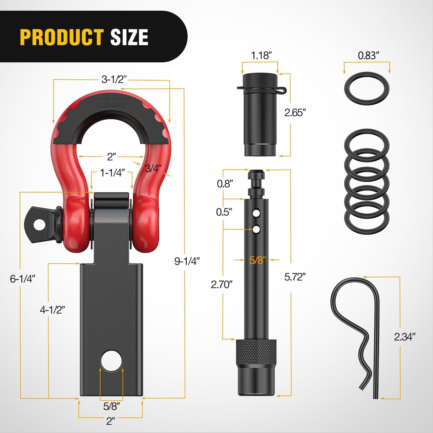 Nilight Anti Theft Shackle Hitch Receiver 2 Inch D Ring Recovery Hitch with 5/8" Hitch Lock Pin 3/4" Shackle 45000 LBs Breaking Strength Heavy Duty Towing Kit Red Black