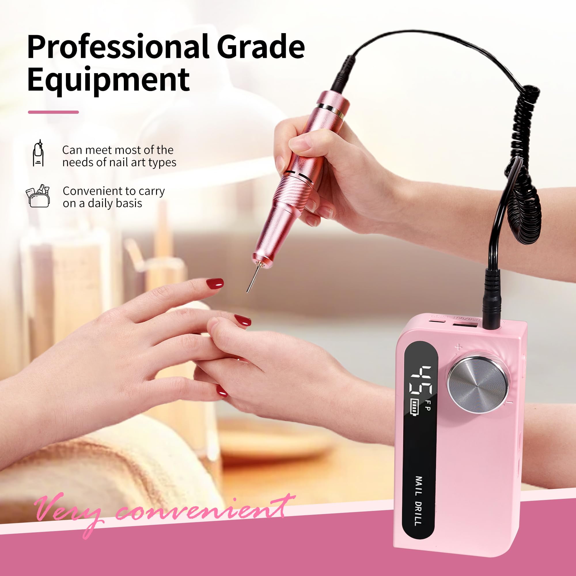 Professional Electric Nail Drill File,Cordless Portable Nail Drill 45000 RPM, Rechargeable Nail Drill Machine for Acrylic Nails Gel Polishing,Nail Kit for Manicure Salon Home(Pink)