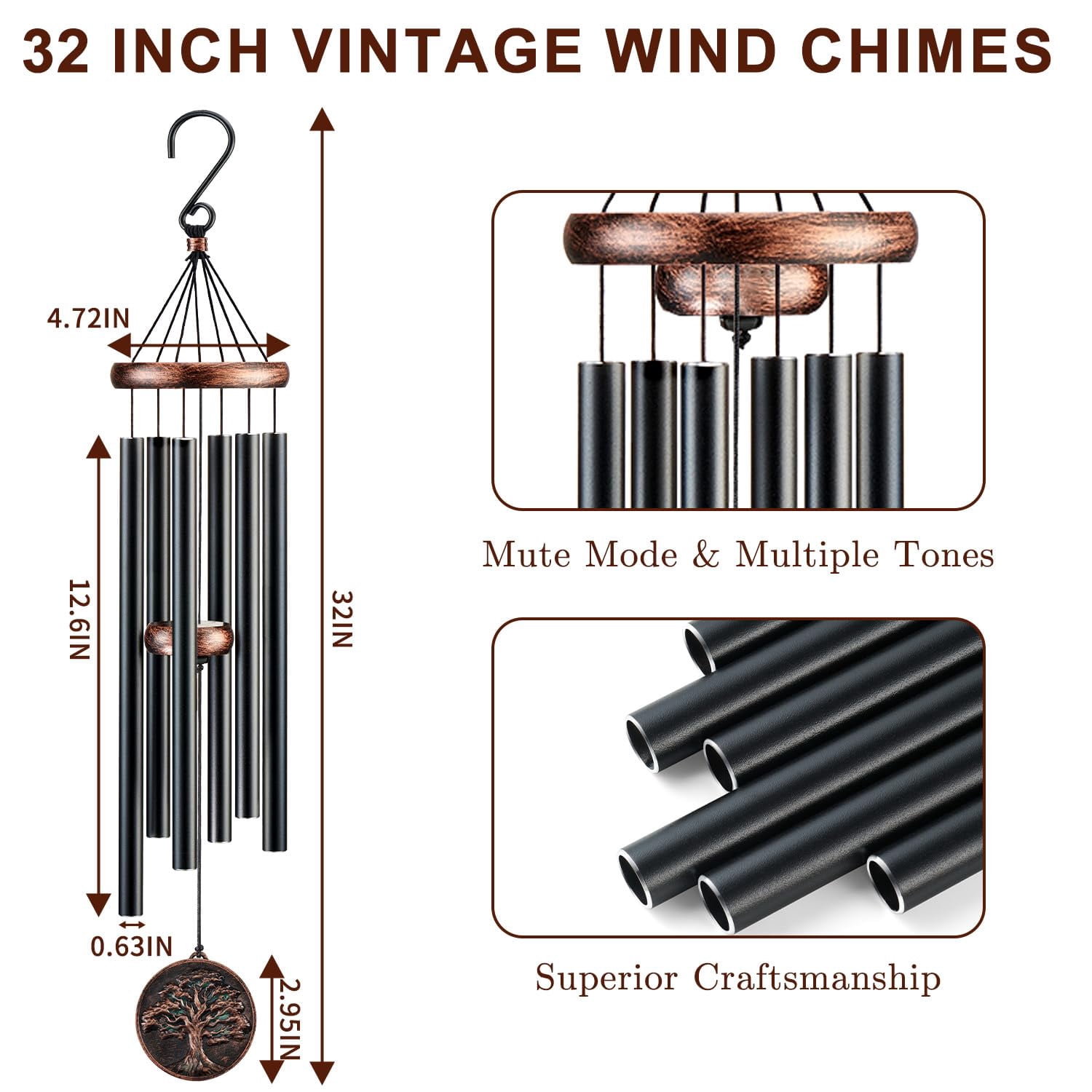 Wind Chimes For Outside  Vintage Tree Of Life Deep Tone Chime Outdoor Clearance Memorial/festivals/birthday Gift Mom Dad Women Grandma Garden Porch Patio Decor (32" Life)