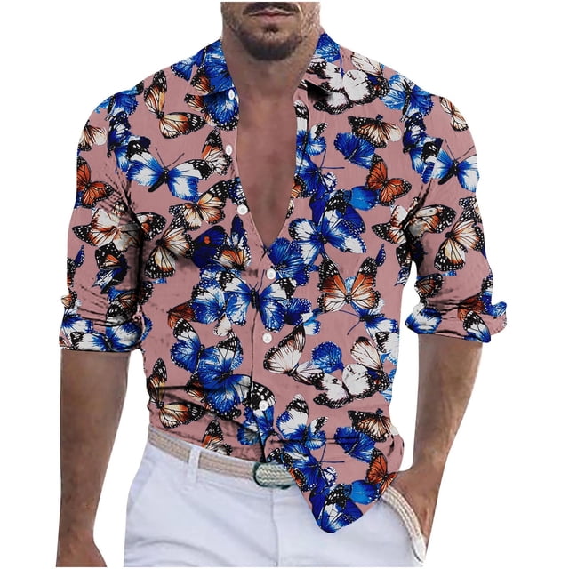 Blusa y camisa de manga larga con cuello vuelto para hombre, informal, a la moda, con botones, estampado, de poliéster