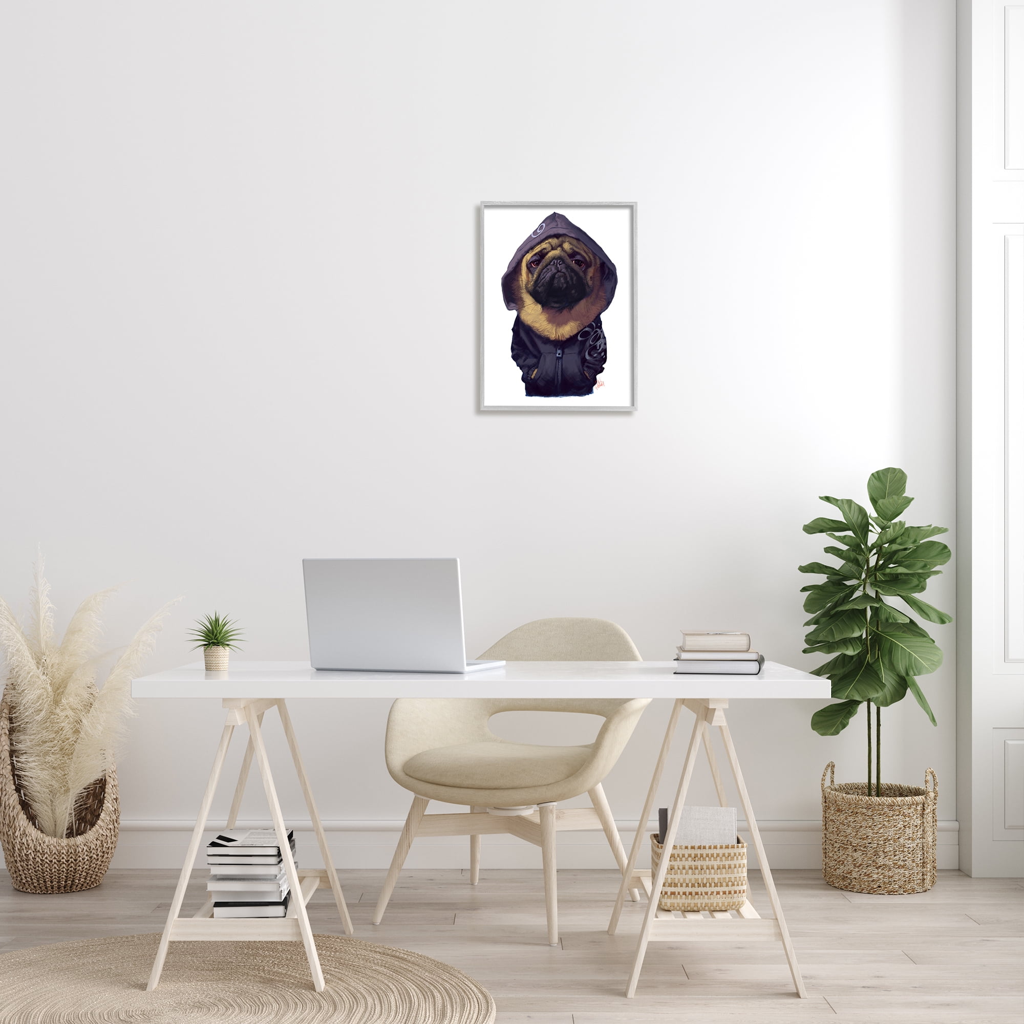Stupell Industries Pug in Street Wear Urban Fashion Moody Dog Animals & Insects Painting Gray Framed Art Print Wall Art, 16 x 20