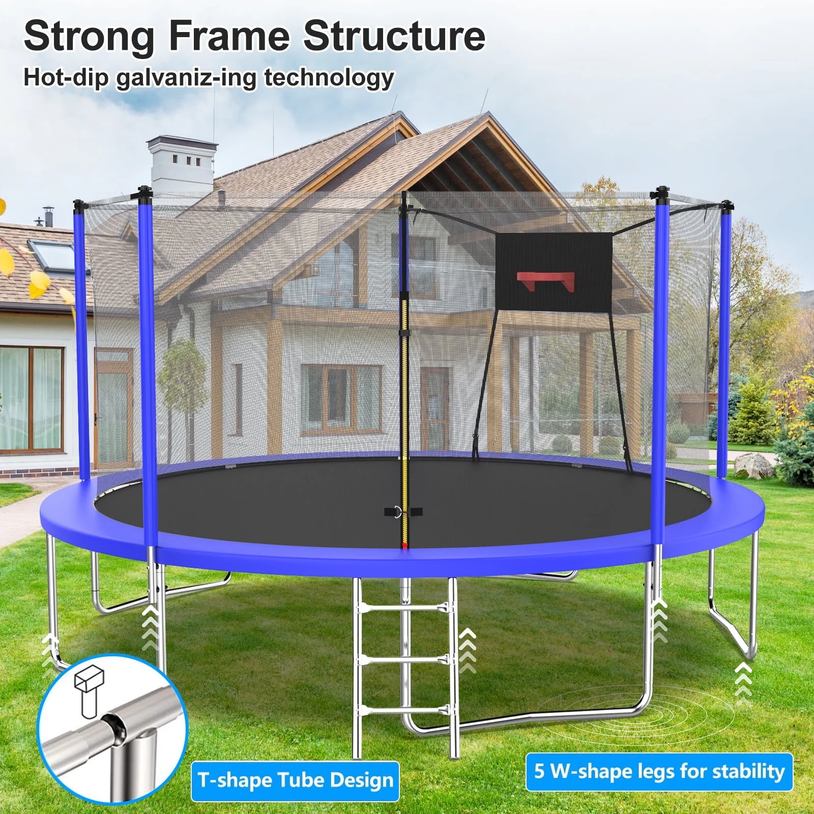 14FT Recreational Trampoline with Enclosure Net and Ladder, SEGMART Outdoor Trampoline with Basketball Hoop, Backyard Trampoline, Heavy Duty Round Trampoline for Kids and Adults