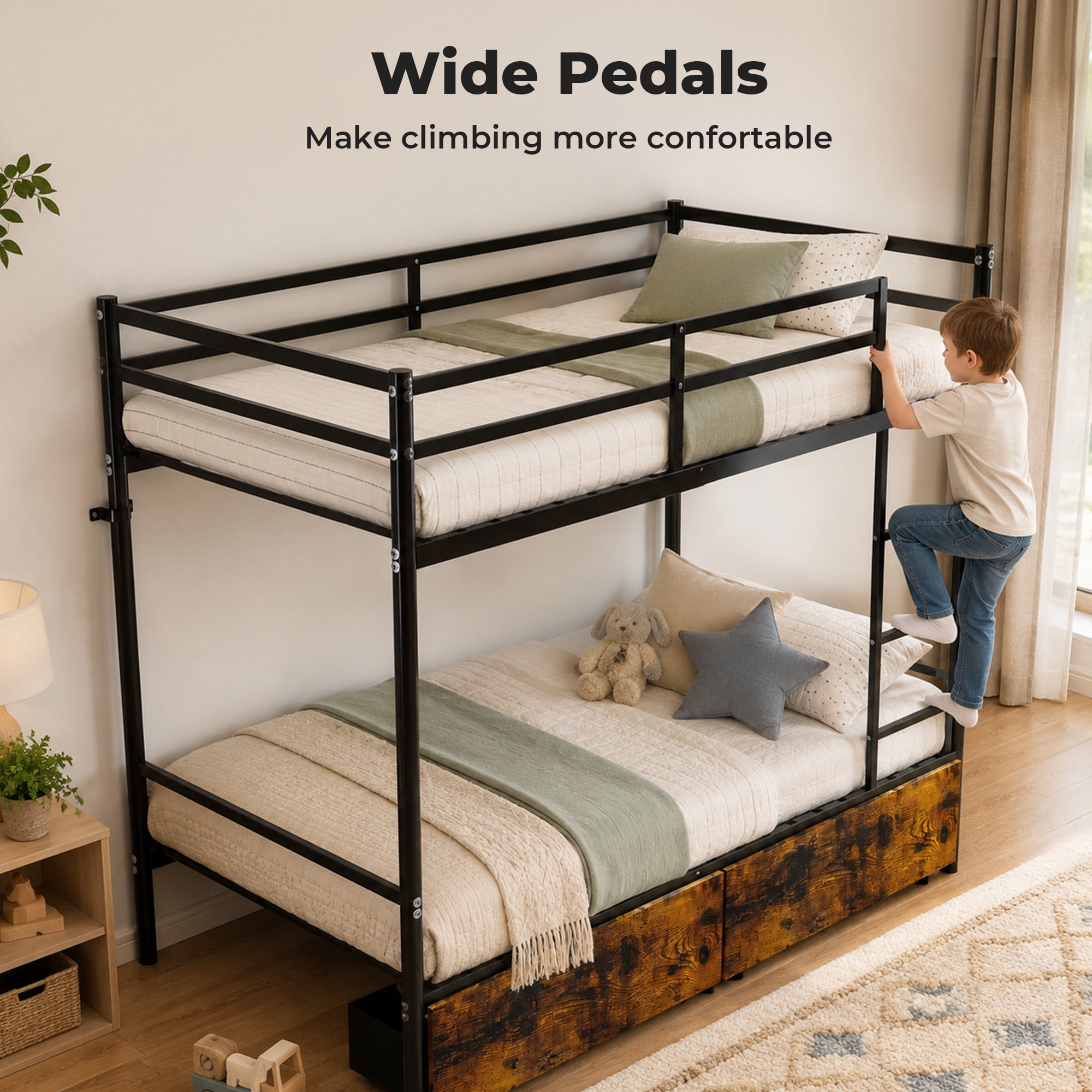 Alvantor Bunk Bed Twin over Twin for Kids, Metal Bunk Bed with Drawers Black