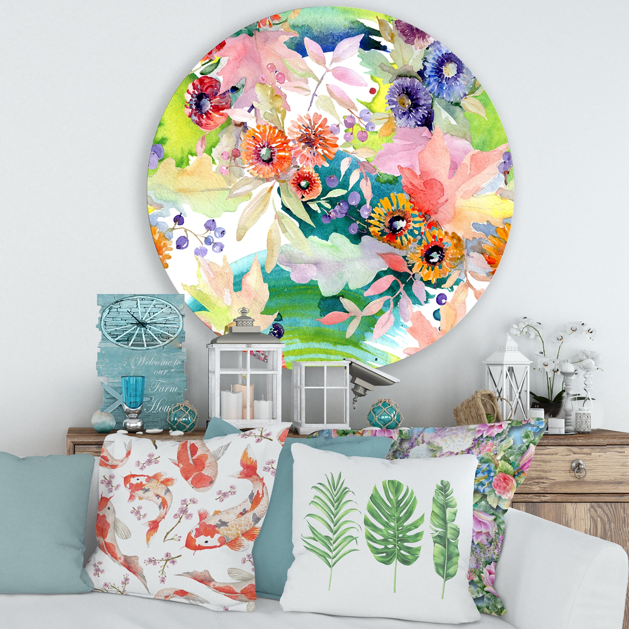 Designart 'Wildflowers and Vibrant Wild Spring Leaves II' Traditional Circle Metal Wall Art 36x36 - Disc of 36