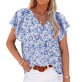thumbnail image 1 of Blusa floral de manga corta con cuello en V y estampado de flores para mujer Camisa holgada informal elegante para mujer para verano Azul S, 1 of 5