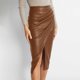 thumbnail image 2 of Falda midi ajustada de cuero sintético con cintura alta, abertura delantera, cremallera trasera y fruncidos para ir de fiesta en otoño, tallas S-XL, 2 of 5