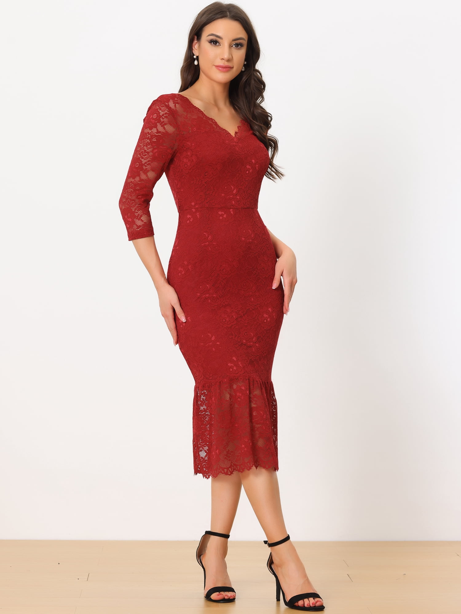 Unique Bargains Women's V-Neck Party 3/4 Sleeve Lace Ruffle Bodycon Dresses S Burgundy