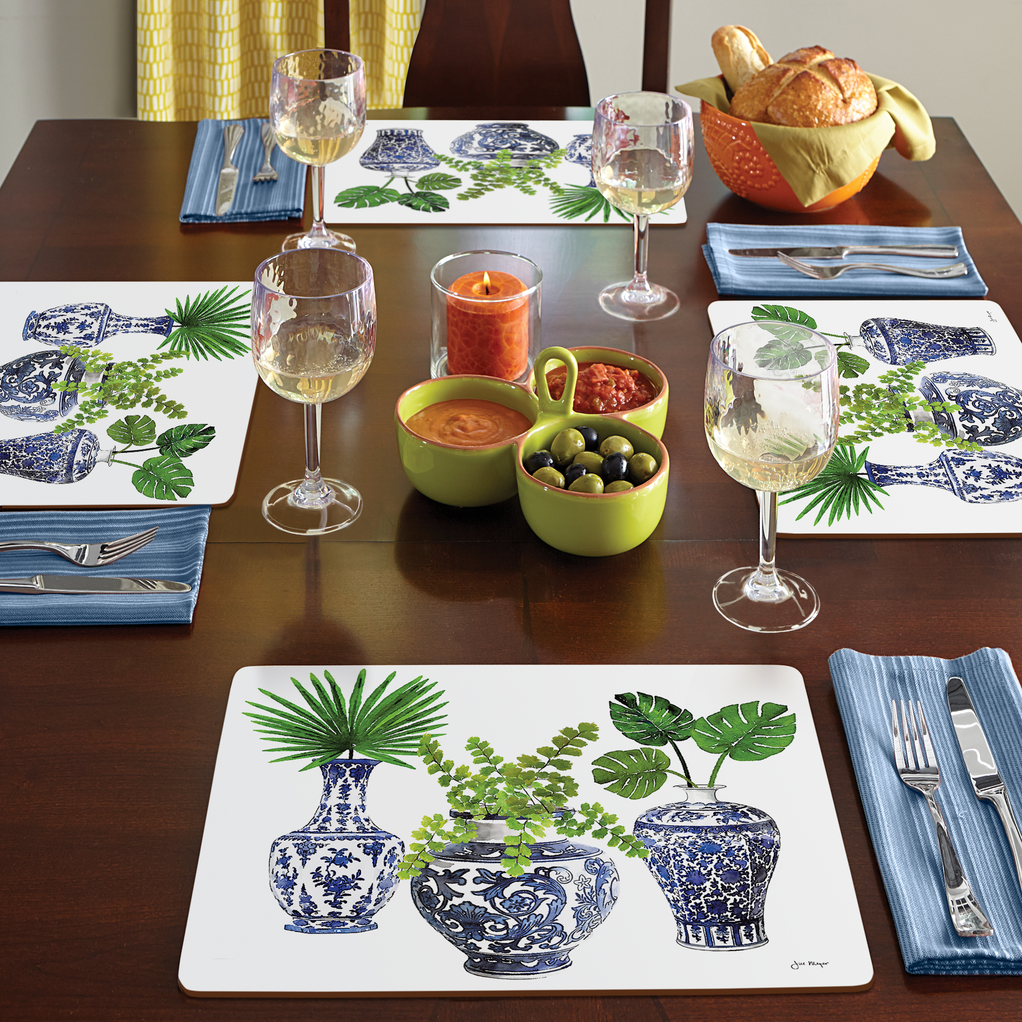 Cala Home "Blue Delft Vases" Premium Decorative Hardboard Cork Back Tabletop Placemats 4 Pack