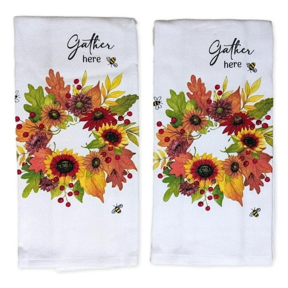Set of 2 HARVEST SUNFLOWER WREATH Terry Kitchen Towels by Kay Dee Designs