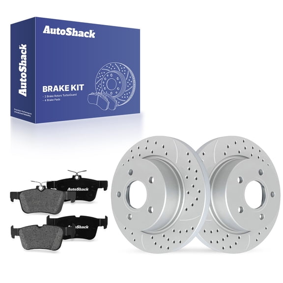 AutoShack Rear Solid Drilled & Slotted Coated Brake Rotors Silver Matte Finish   Premium Ceramic Pads 6-PC Brake Kit Replacement for 2012-2018 Ford Focus TurboGuard 10.66" (270.7 mm)
