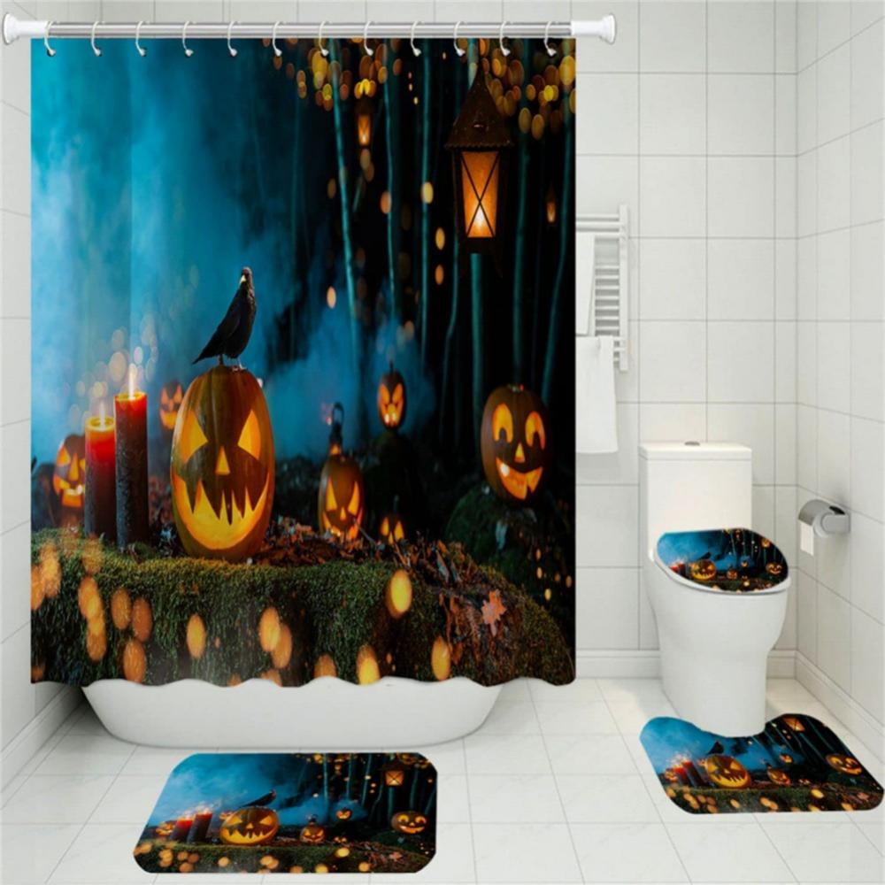 4Pcs Halloween Shower Curtain Set with NonSlip Rugs, Toilet Lid Cover