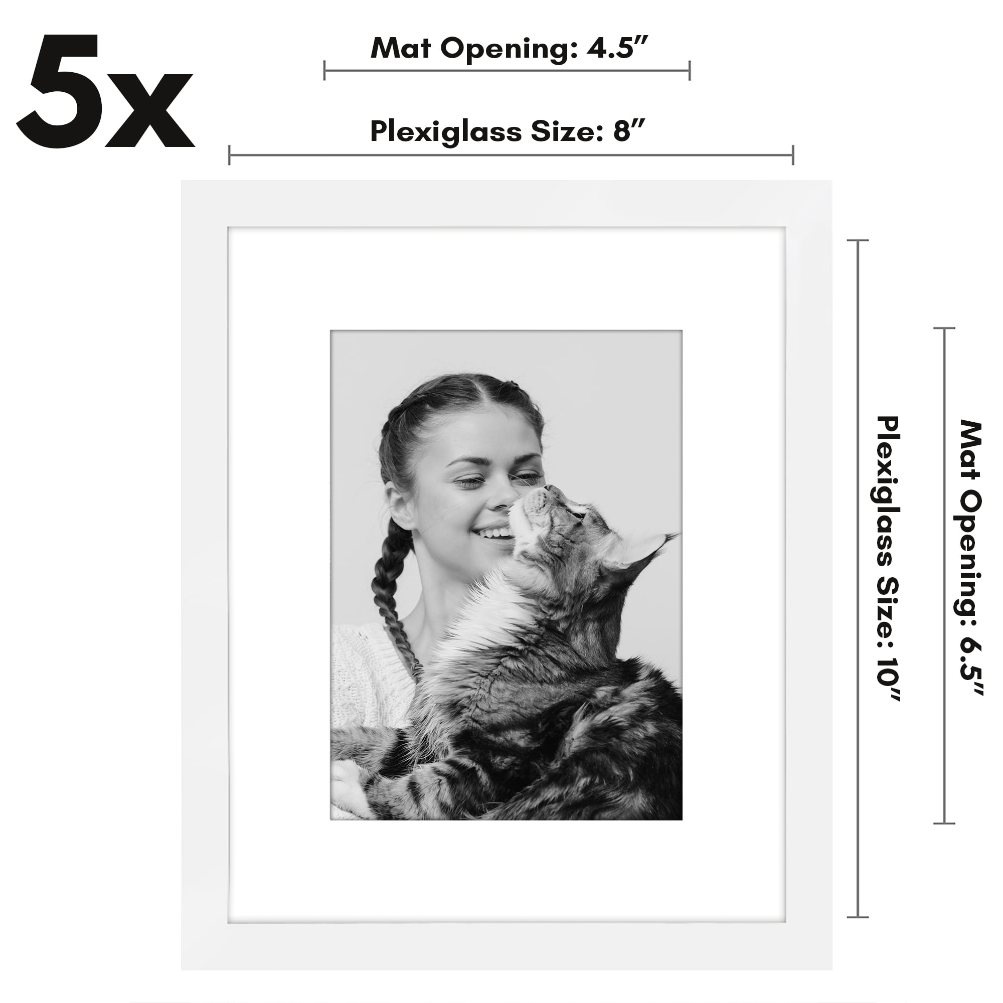 Americanflat 8x10 Picture Frame with Polished Plexiglass with 5x7 Mat 5 Pack Display Photo Galleria - White