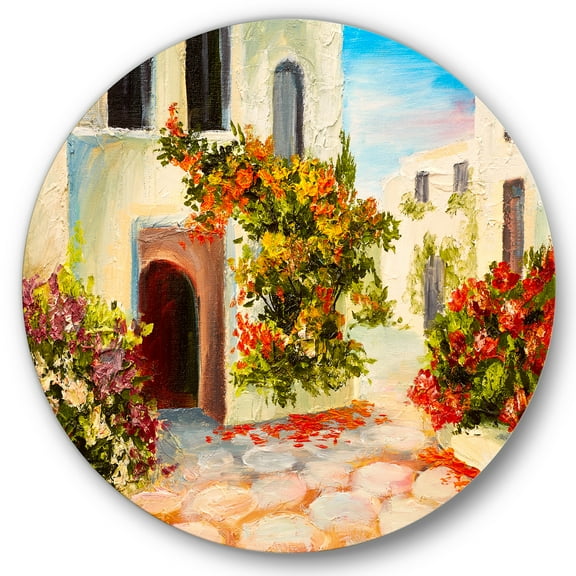 Designart 'The Mountain With Flowers With Little House I' Nautical & Coastal Circle Metal Wall Art 36x36 - Disc of 36