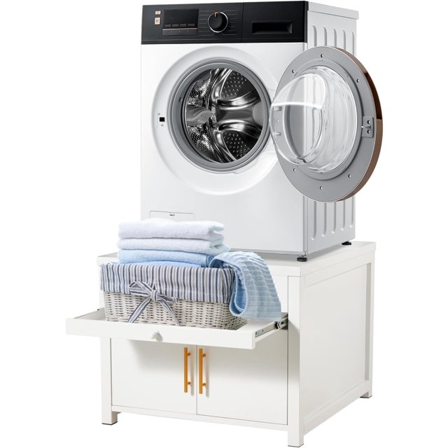 YODOLLA Piédestal à Lessive avec Tablette Coulissante, Support de Laveuse et Sécheuse Capacité de 700 Lb avec Rangement et Drainage, Blanc