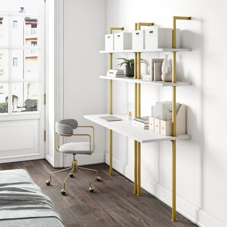 Nathan James Theo 2 Shelf Industrial Wall Mount Ladder Desk Small Computer or Writing Desk White Gold Brass Walmart