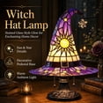 thumbnail image 4 of Stained Glass Witch Hat Lamp Style Resin Night Light, USB Powered Gothic Wizard Hat Table Lamp with Sun and Star Details for Bedroom, Shelf and Halloween Decor (Purple, 11.81in), 4 of 8