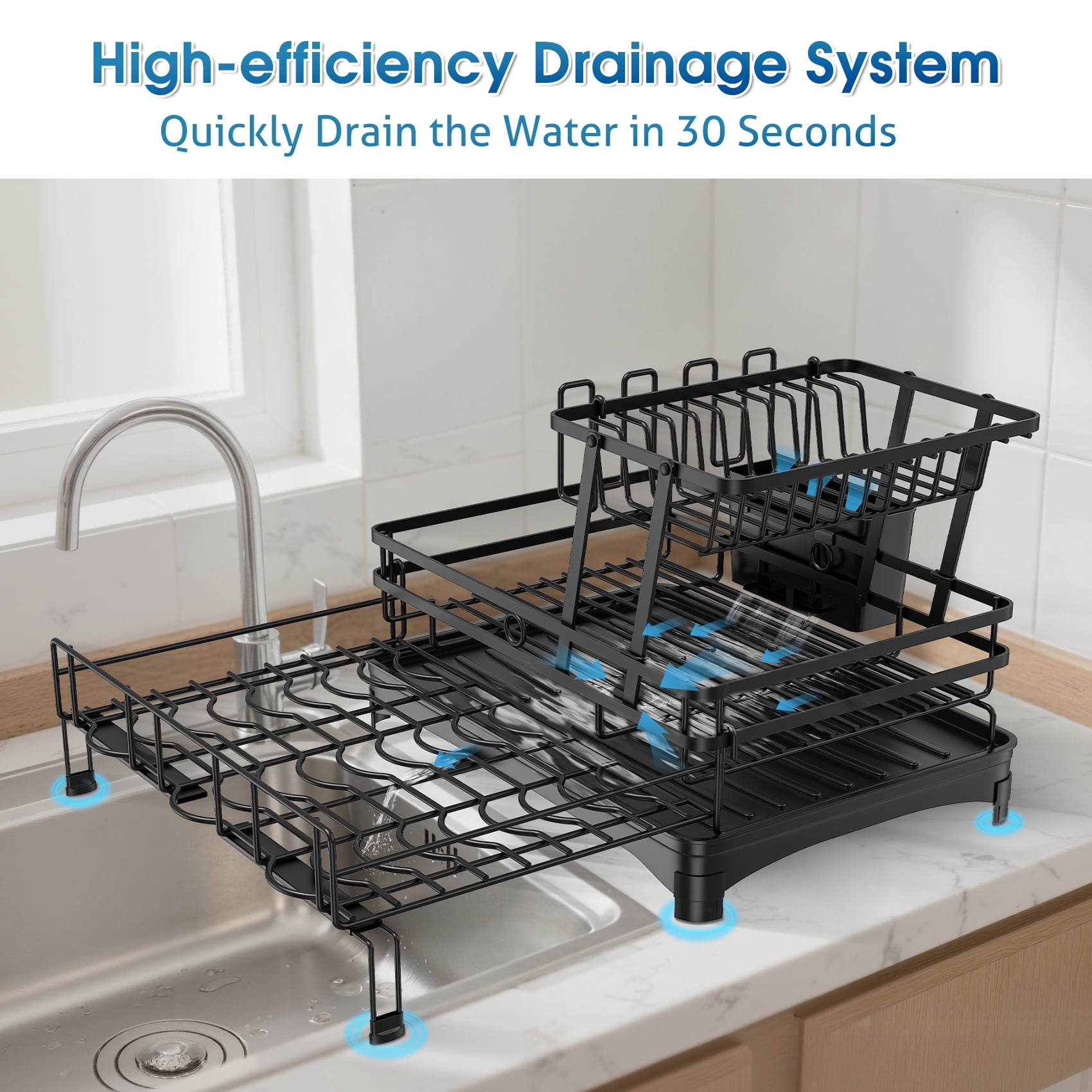 Glovv Dish Racks Kitchen Sink Organizer , 2-Tier Kitchen Organizers and Storage for Kitchen Counter, Over the Sink Dish Drying Rack with Auto Drainage System, Black