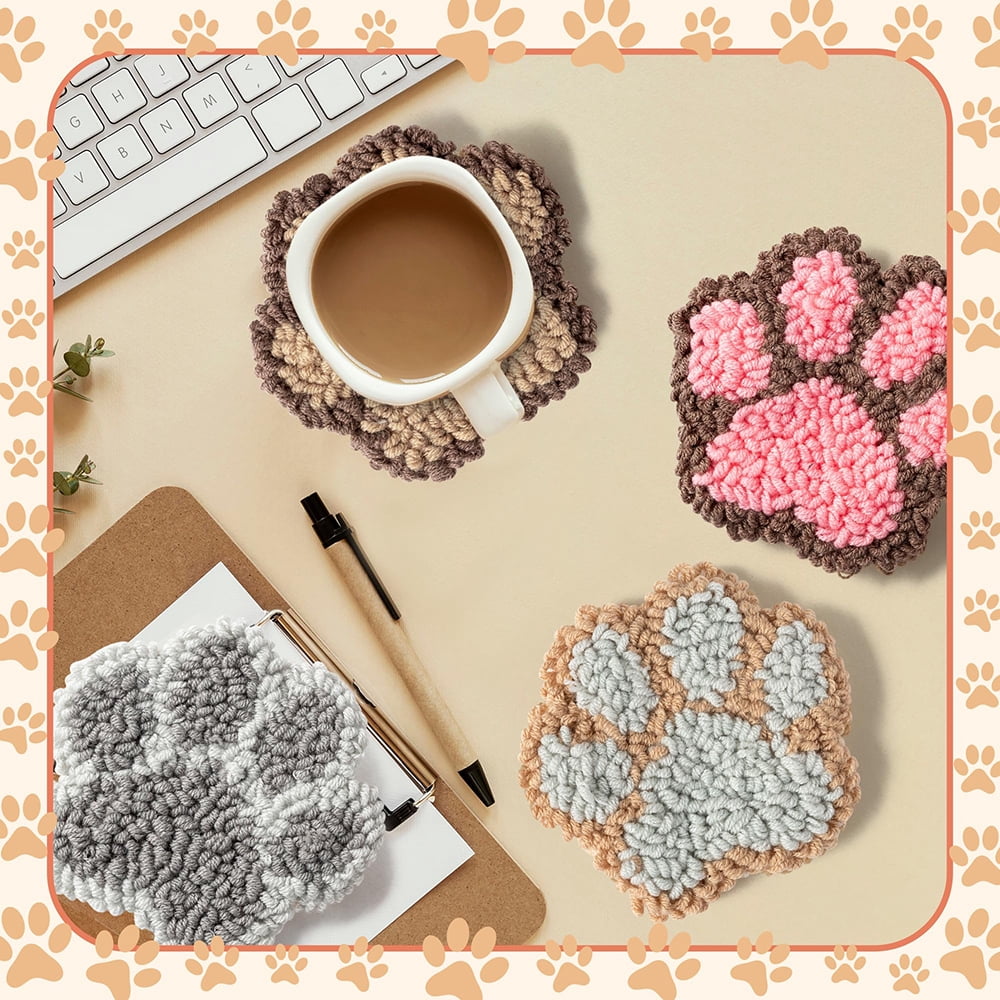 Belanttega Cat Paw Pattern Craft Punch Needle Kit Handmade Coaster Kits for DIY Art Craft Beginners Felt Yarns Embroidery Hoop with Instructions Ideal Gift for Desktop Decoration And Heat Insulation