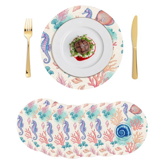 Round Placemats Coastal Blue Seashells 15 inch Set of 6 Table Mats for Dining Table Tropical Coral Seahorses Beige Heat Resistant Non-Slip Kitchen & Home Decorative Place Mat Set