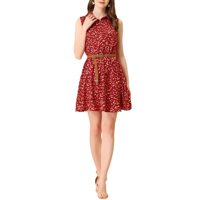 INSPIRE CHIC Robe Sans Manches à Imprimé Floral pour Femme, Demi-Patte de Boutonnage, Longueur Genou, Ceinturée, Printemps, S Rouge-Jaune Floral