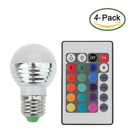 Led Bulb Color Changing Zimtown 4-Pack E27 Standard Screw Base 16 Colors Changing Dimmable 3W RGB LED Light Bulb with IR Remote Control for Home Decoration/Bar/Party/KTV Mood Ambiance Lighting ()
